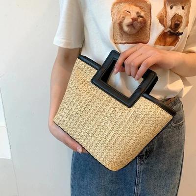 Retro Örgü Çanta Yaz Düz Tote Çanta Kontrast Kenarlı Hasır El Çantası