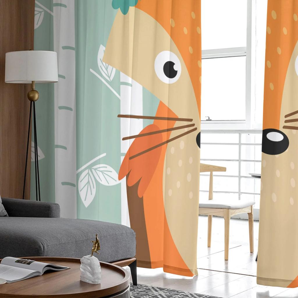 Window Cartoon Birch White Fox Curtains Living Room Tulle Curtains Kitchen Decor Kids Room Curtain Window Treatment