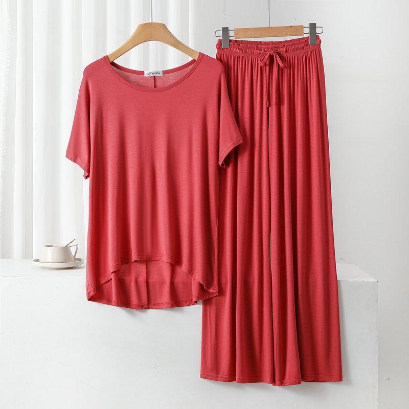 Damen Übergröße Freizeit-Pyjama-Set: Modal Rundhals Kurzarm Oberteil & Weitbeinige Hose
