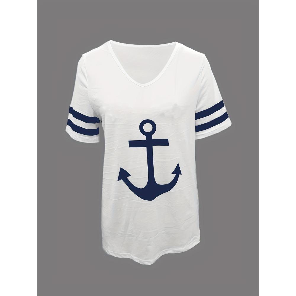 Anchor Print V-neck T-shirt, Spring and Summer Casual Short-sleeved T-shirt, Women's Clothing