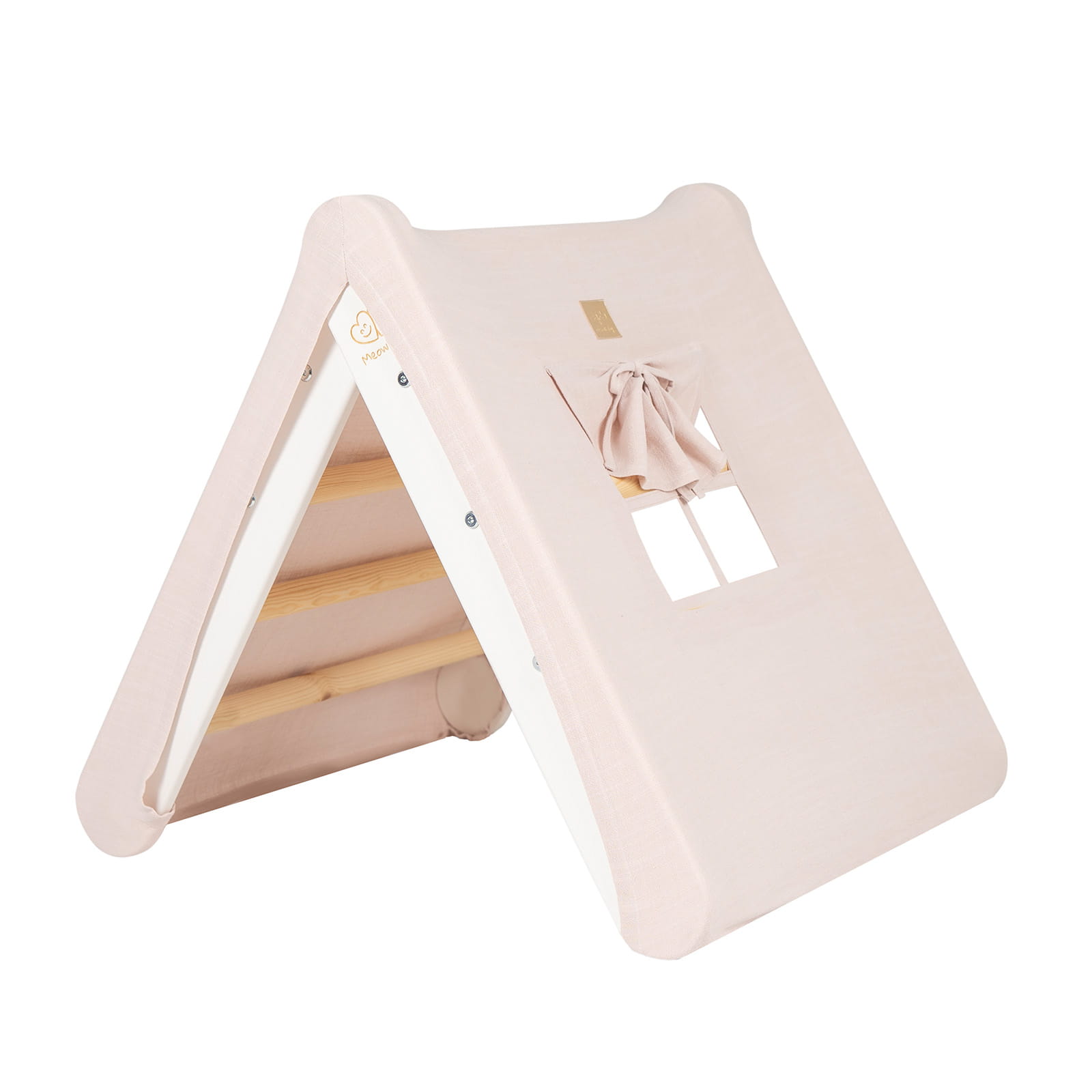 MeowBaby ® Una casa per bambini con una scala 68x61x60 cm che si ripiega nella stanza. Legno, Lino, Viscosa, Una Casa Rosa naturale