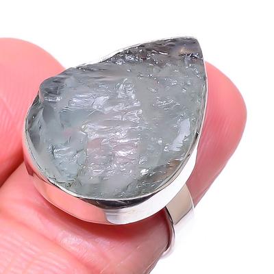 Anel de presente de prata esterlina sólida 925 com pedra preciosa bruta natural de água-marinha S.7 d7p44