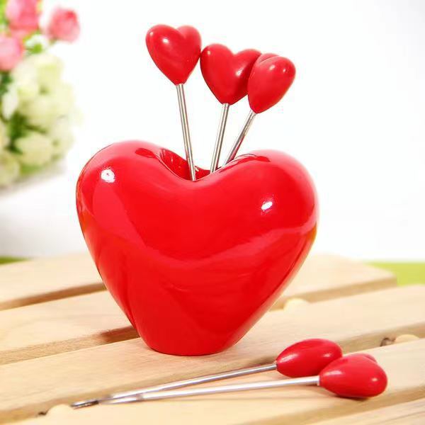 Fruit Forks Salad Forks Stainless Steel Children's Food Pick Fork Holders Repeated Use of Fruit Forks Strawberry Heart Shape