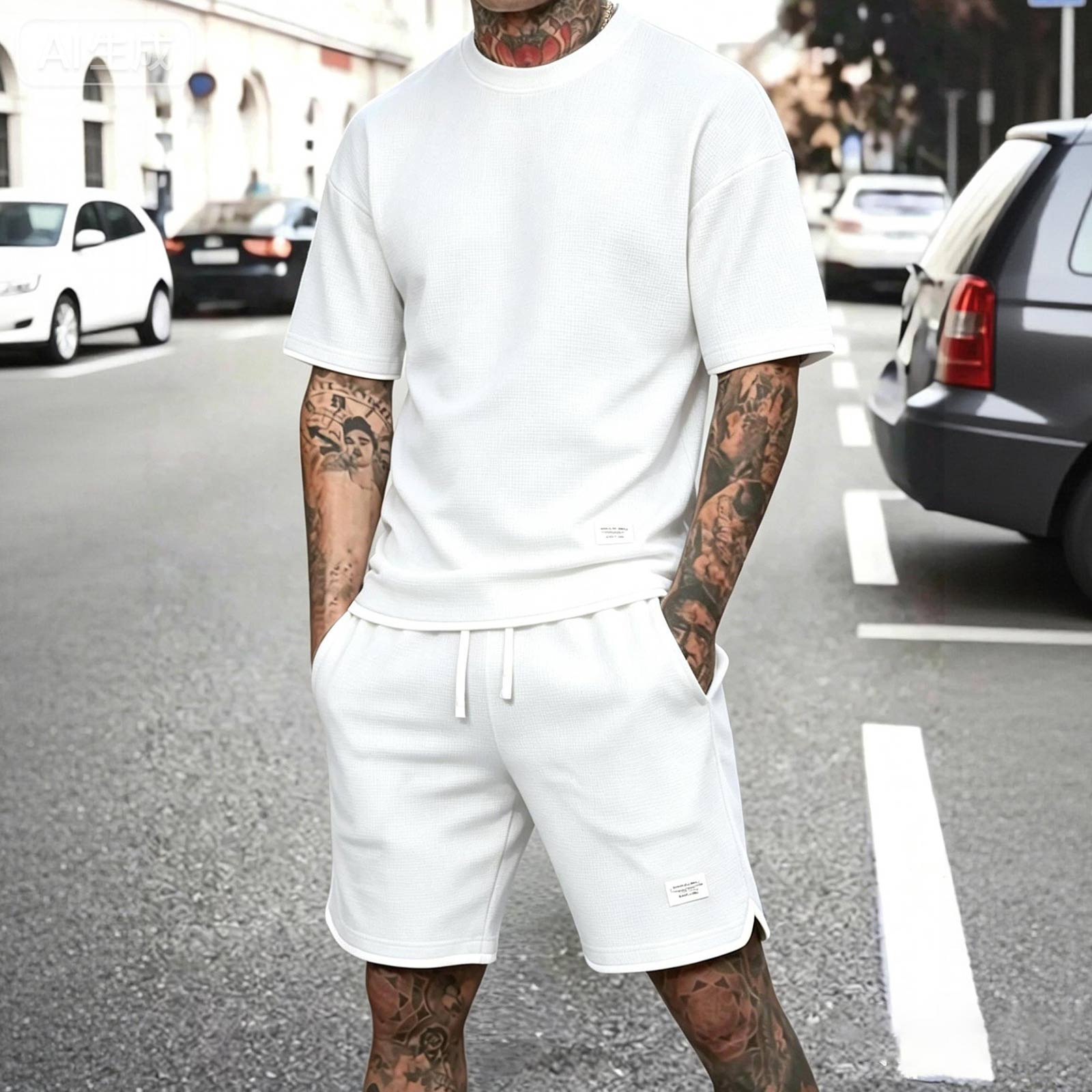

Men s Summer Casual 2-Piece Outfit Round Neck Short Sleeve Tee Shorts Set XL білий