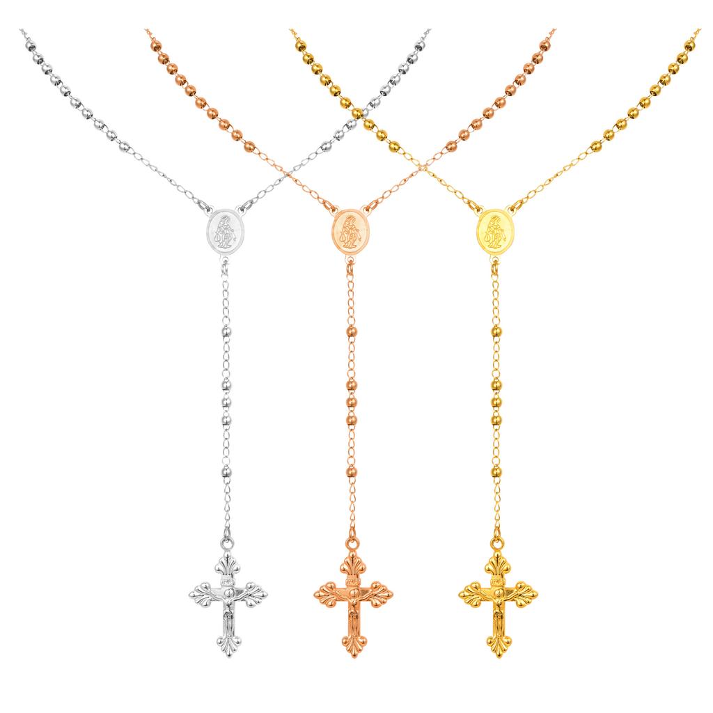 Stainless Steel Prayer Beads Rosary Necklace with Cross Pendant, Y-Shaped Long Chain Virgin Mary Necklace, Religious Jewelry