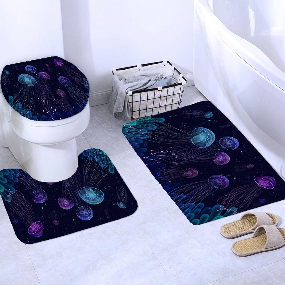 Dream Starry Sky Ocean Jellyfish Bathroom Waterproof Shower Curtain Set with 12 Hooks Bath Non-Slip Mat Rugs Toilet Seat Cover