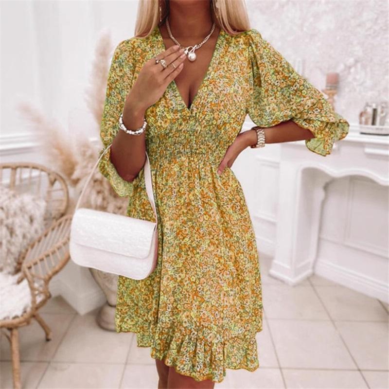 

Европейский и американский стиль Женская новая юбка средней длины V-образный вырез на талии Пуловер Богемный стиль С принтом С короткими рукавами Цветочное Повседневное платье XXXL жёлтый