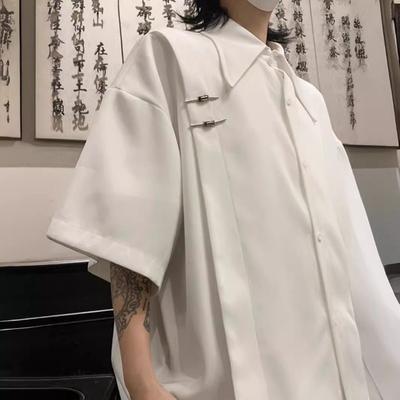 Men's Oversized Chinese Style Short Sleeve Shirt Casual Metal Clip Detail Streetwear Top