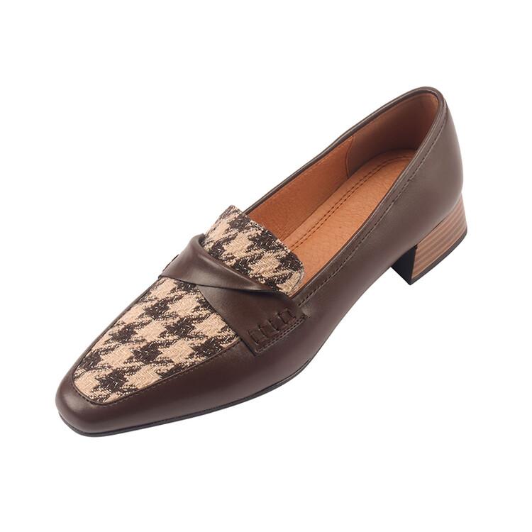 Fashion NEW Spring Women Loafers Square Toe High heels Cotton Fabric Chunky Heel Women Pumps Retro Lattice Split Leather Shoes for Women