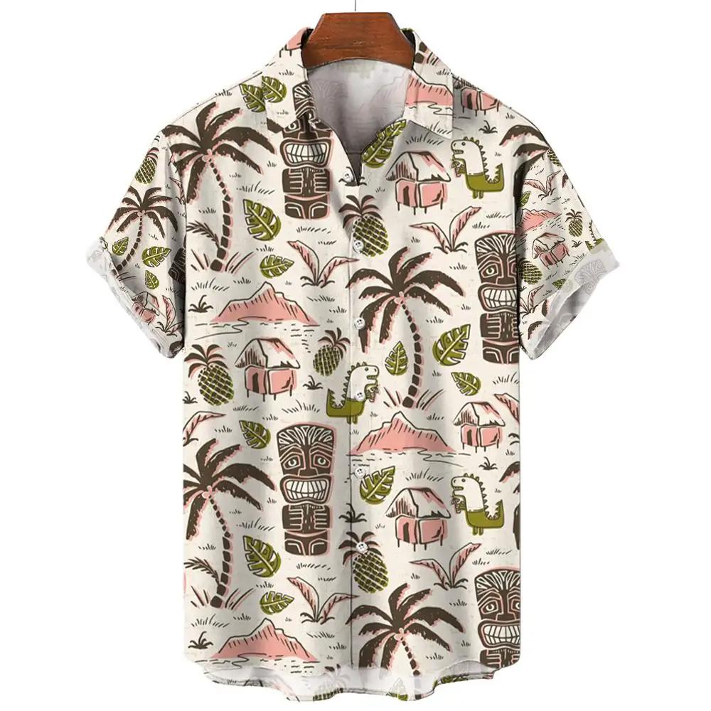 Hawaii Men's Shirt Tiki Pattern 3D Printed Tops Summer Fashion Holiday Casual ShirtShort Sleeves Shirts Lapel Button Streetwear