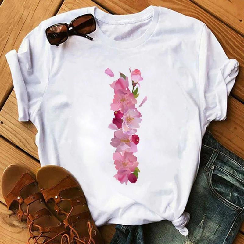 26 Letters Print T-Shirt Alphabet with Pink Flower Harajuku White Graphic Tee Casual Short Sleeve Lady Y2k Tops Women's Clothing