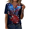 Women's Casual V Neck Short Sleeve T Shirt with Button Detail Independence Day Print Butterfly and Floral Pattern Top