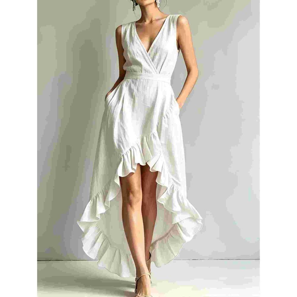 European, American, women s ruffled hem sleeveless V-neck cotton and linen blend asymmetric dress S