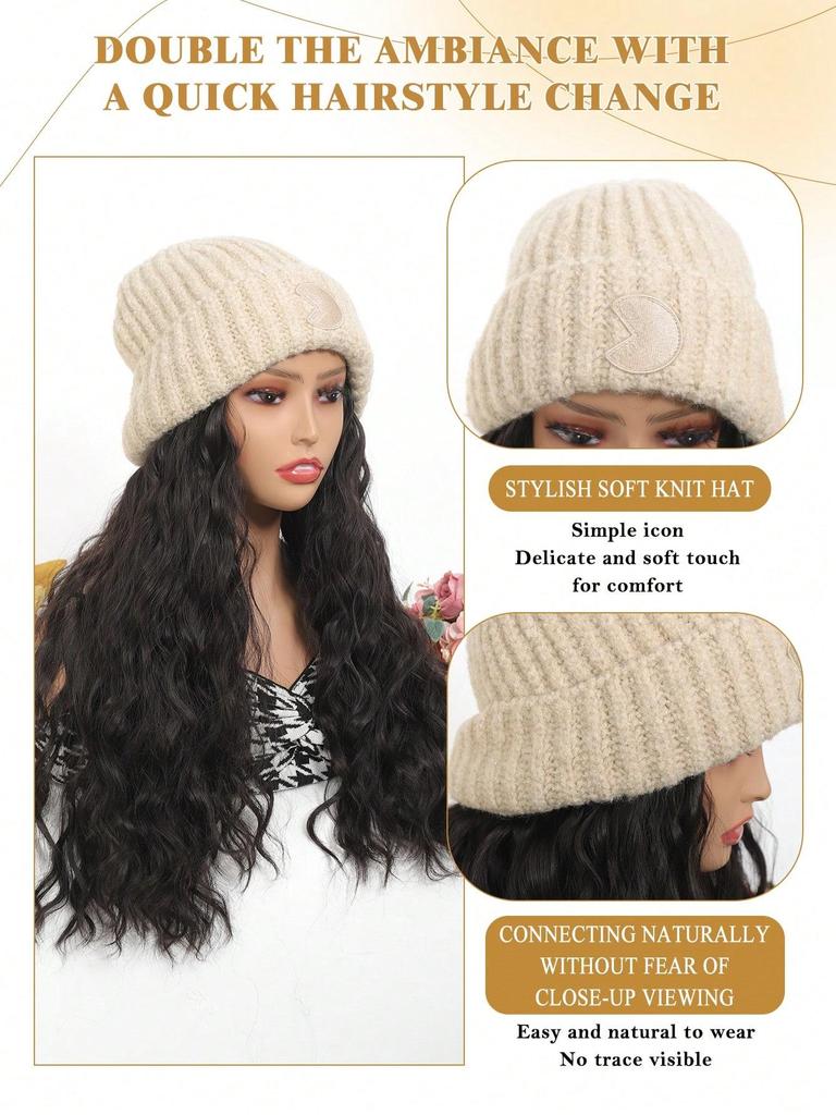 Synthetic Knitted Hat Wig For Women Long Wavy 16inch Black-brown Hair Warm Soft Knitted Autumn Winter Cap Heat Resistant Wig