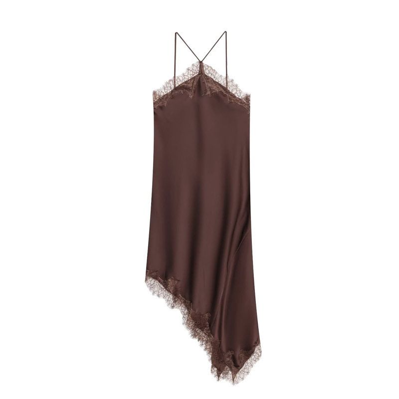 Cross-Border Foreign Trade 2026 European and American Style Fashion Women's New Lace-Trimmed Silk Satin Texture Irregular Strap Dress