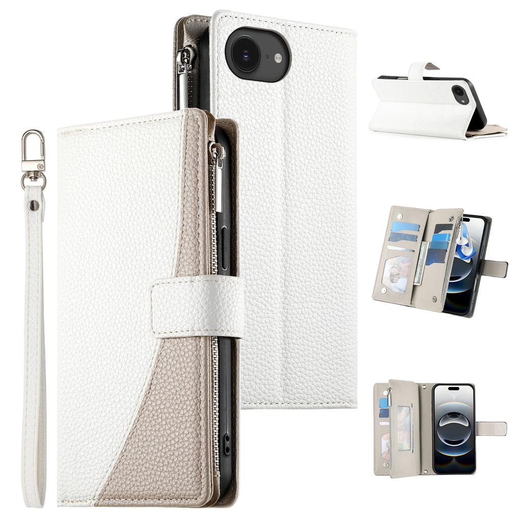 For iPhone 16e Case Zipper Pocket Wallet Color Splicing Leather Flip Phone Cover with Straps
