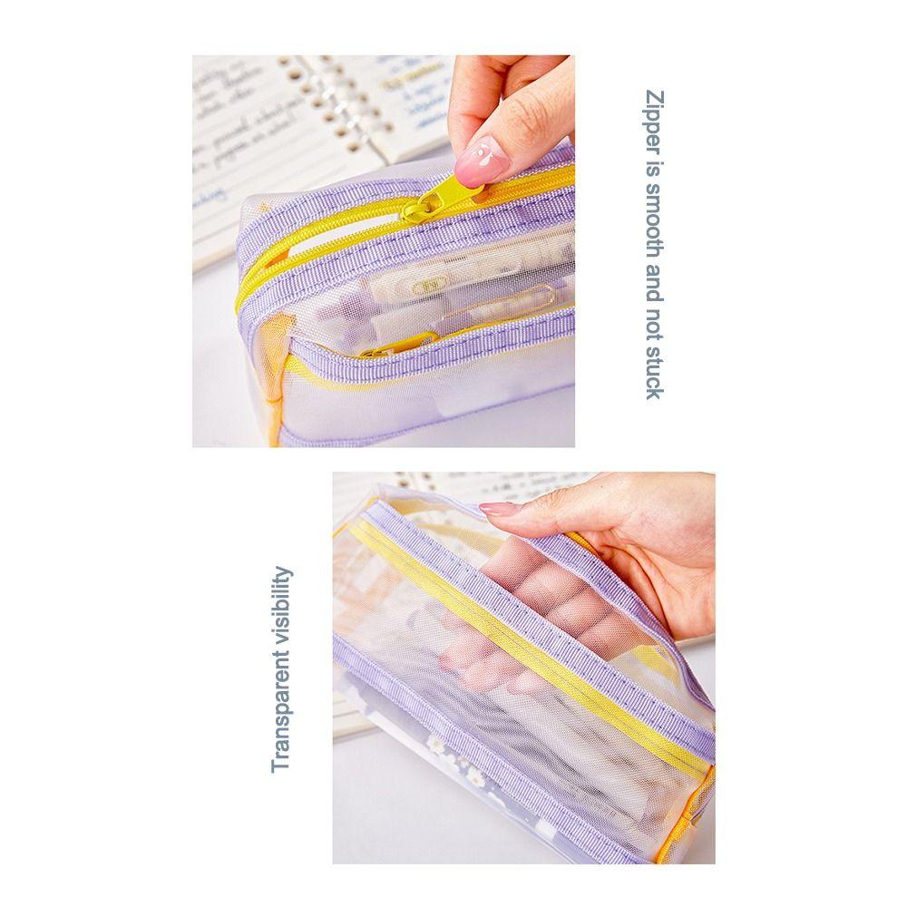 Mesh Pencil Case Multilayer Pen Box Simple Stationery Storage Bags  Student