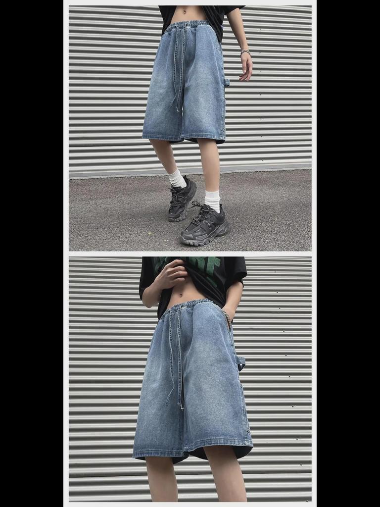 Męskie szorty dżinsowe hip-hopowe - luźny, prosty krój, jednolity kolor, swobodny styl na każdy mecz