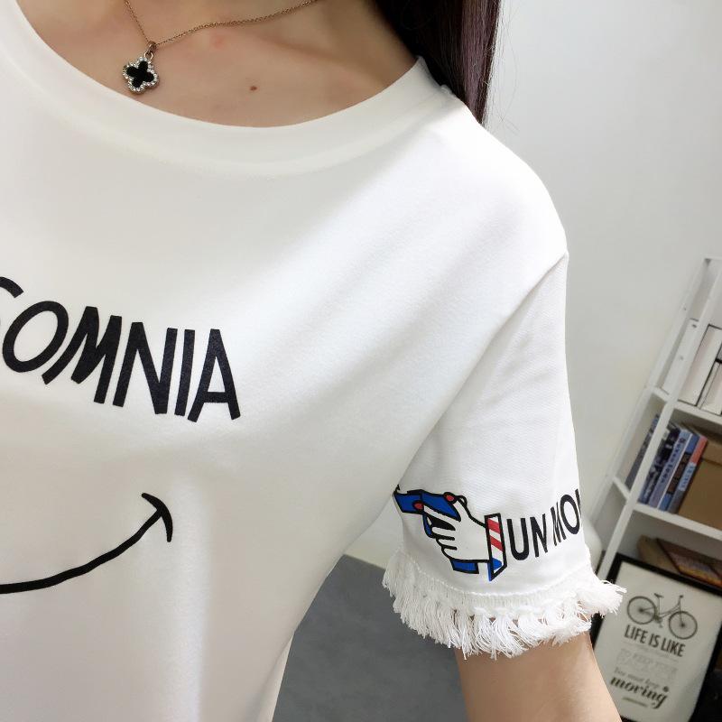 

Summer new loose short top fringed short-sleeved t-shirt schoolgirl bottoming shirt smiley face one S розовый
