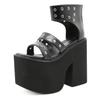 Gdgydh Black Punk Gothic Platform Sandals Open Toe Buckle Strappy Sexy Rivets Thick Heels Footwear Summer Shoes for Women