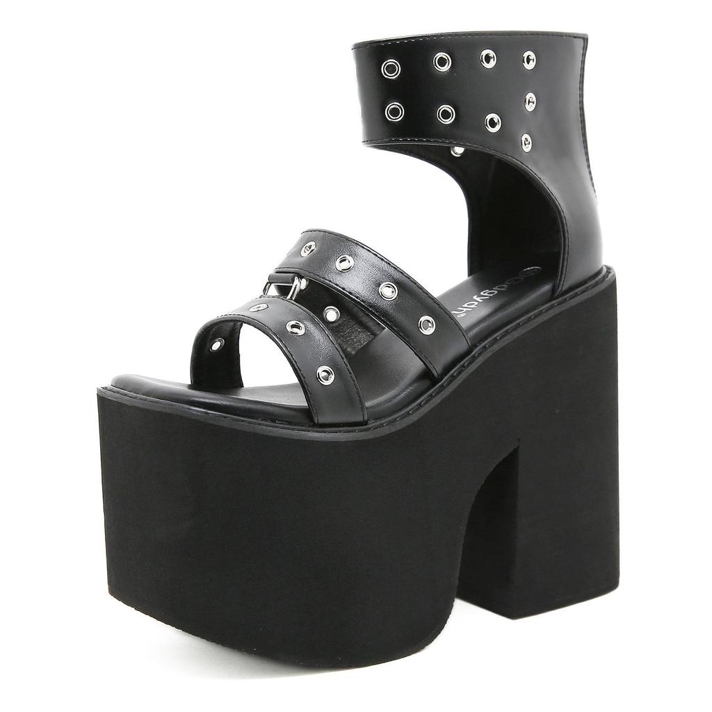 Gdgydh Black Punk Gothic Platform Sandals Open Toe Buckle Strappy Sexy Rivets Thick Heels Footwear Summer Shoes for Women