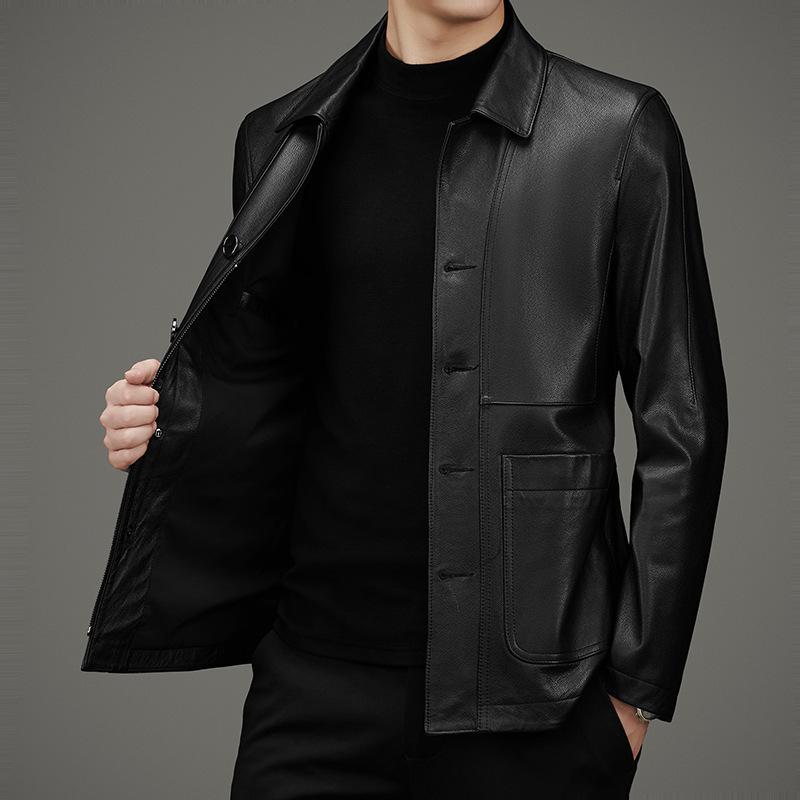 Spring and Autumn New Men's First Layer Cowhide Genuine Leather Jacket Men's Lapel Slim Leather Jacket