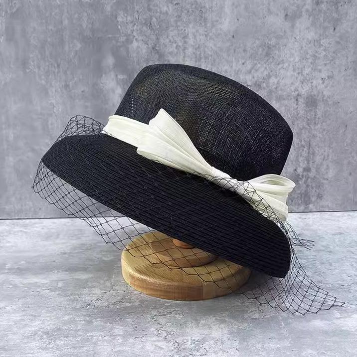 French style retro Hepburn style net yarn silk hemp bow top hat women large edge hemp yarn patchstraw lamp shade fisherman's hat