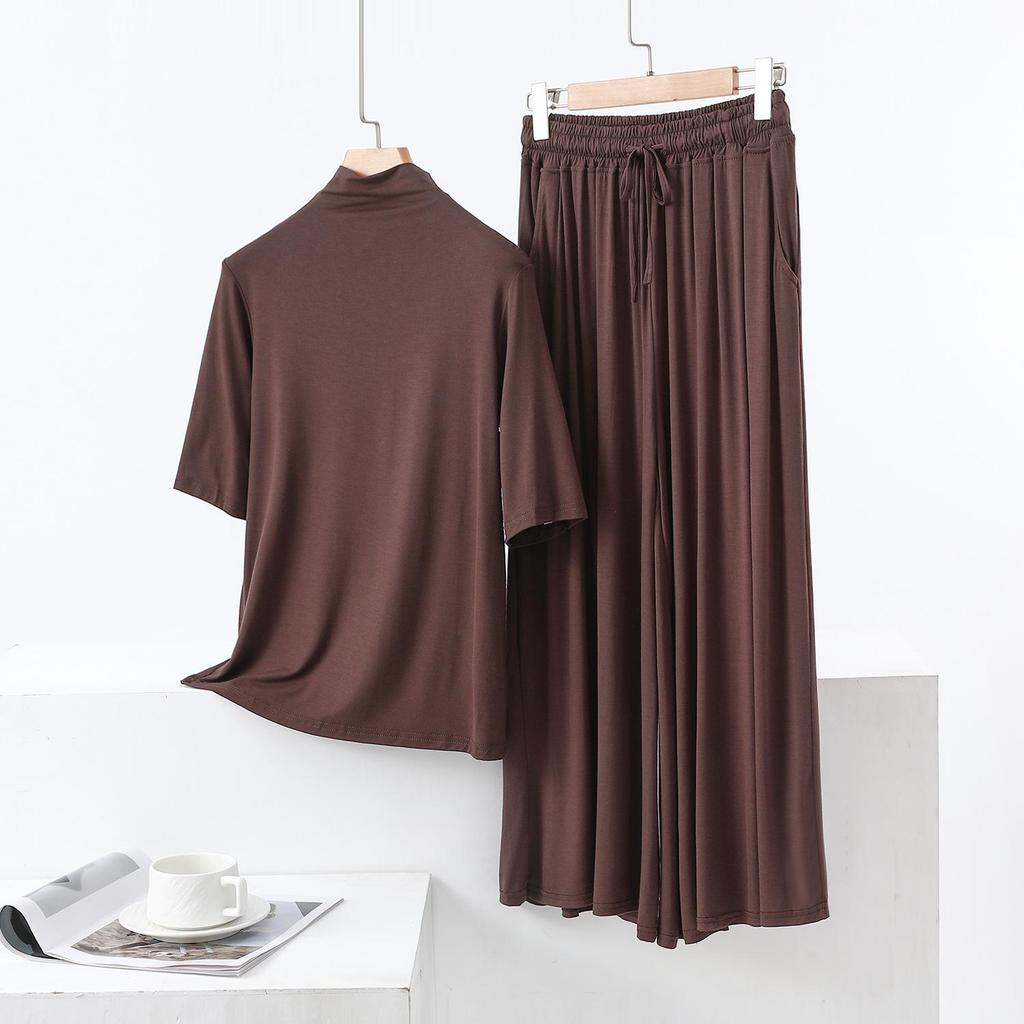 Modal Semi-High Neck Five-Sleeve Shirt & Pocket Wide-Leg Pants Casual Plus Size Two-Piece for Women
