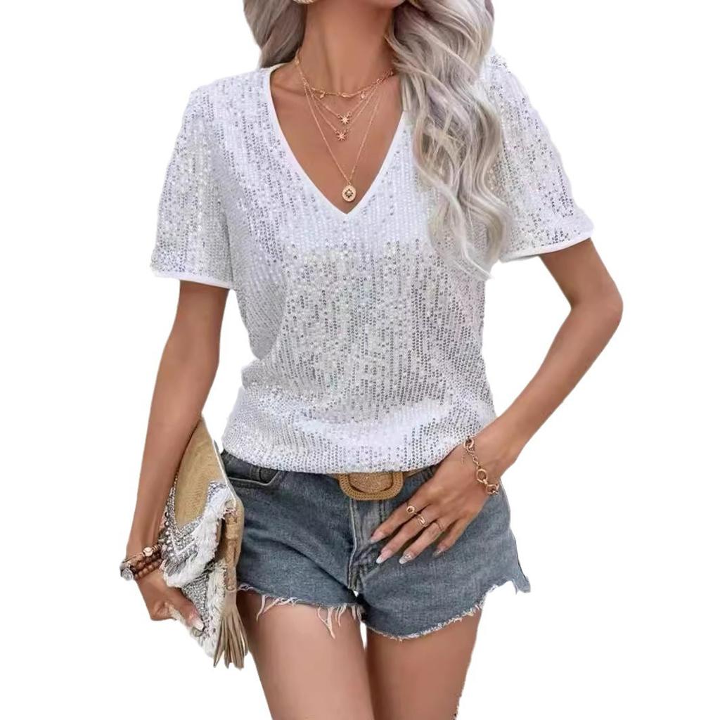 Summer Women's Sexy Solid Color Sequin V-neck Short Sleeved Loose Fitting Women's T-shirt