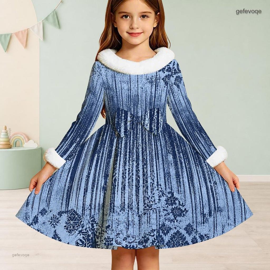 Girls Off White Printed Long Sleeve Fur Collar Bow A Line Flared Dress