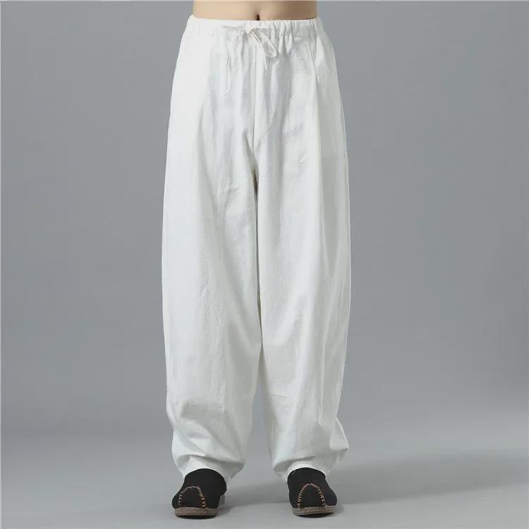 Men's Summer Cotton-Linen Wide-Leg Elastic Waist Pants