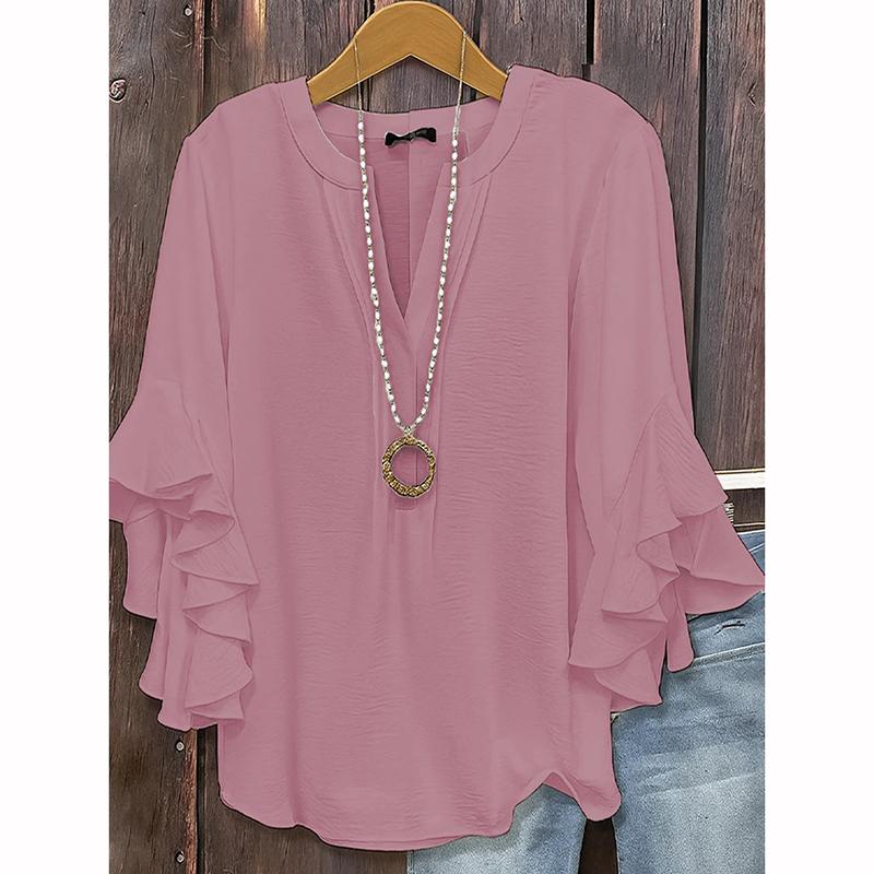 Camisa Holgada de Moda para Mujer Cuello en V Manga de Loto Color Sólido Camisa Casual de Negocios Elegante