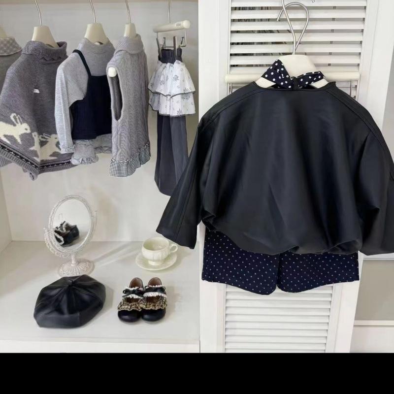 Zhili Kids' Girls' Black Leather Jacket - Fashionable Short Coat for Autumn/Winter 2025