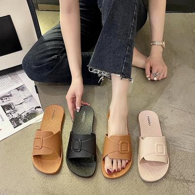 Neue Sommer Damen Hausschuhe Zuhause einfarbig runde Zehenpartie Ein-Riemen Sandalen lässig schlicht Studenten flache Hausschuhe für draußen