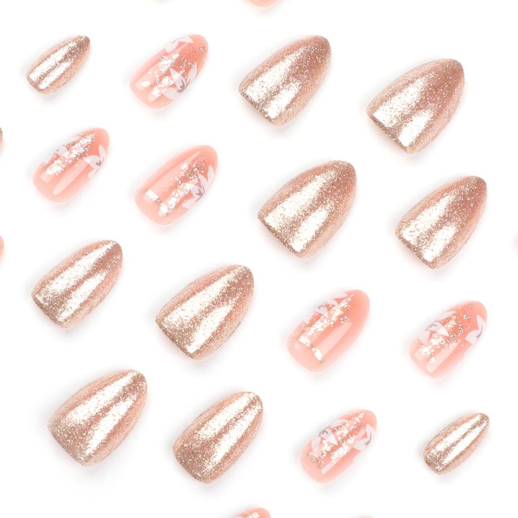 Almond-Shaped Gold Glitter Floral Press-On Nail Art Tips