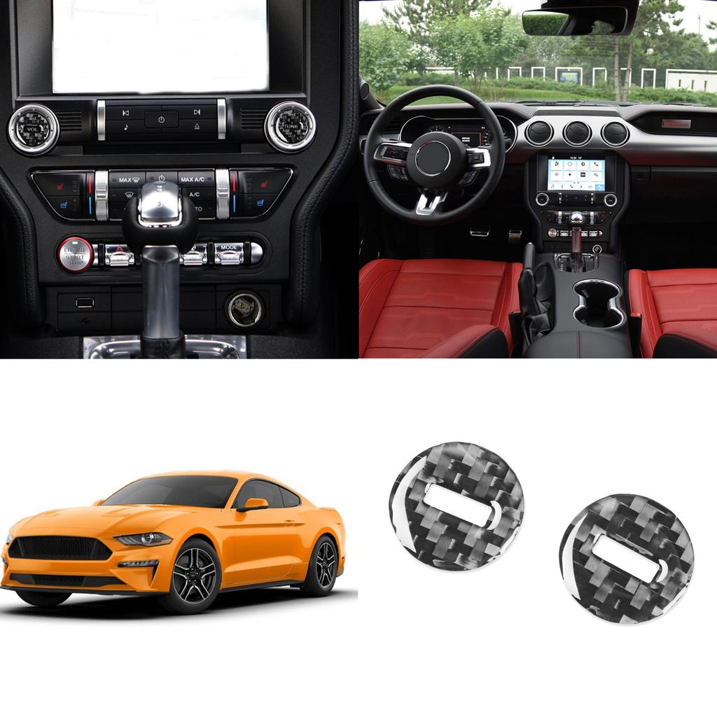 För Ford Mustang 2015- Kolfiber Interiör 2 st Bil Multimedia Knopp Dekoration Klistermärke Dekal Överdrag List Biltillbehör