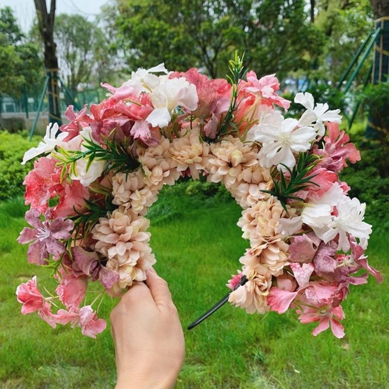 Ethnic Style Bridal Headband Hair Wreath Florals Crown Wedding Flower Headband Beach Hairband for Women Hair Accessory