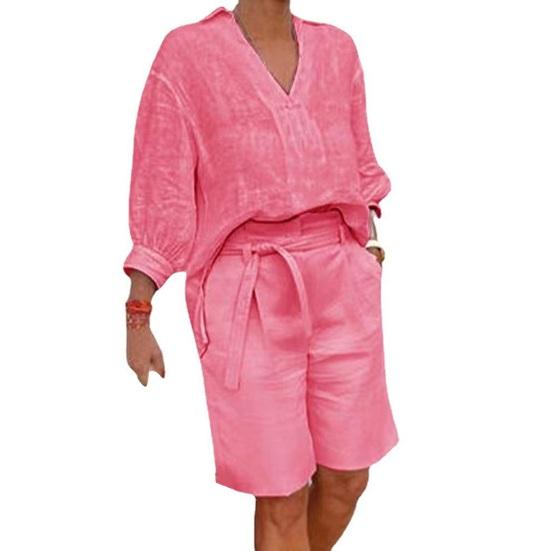 Women's Cotton Linen Two Piece Outfit Casual V-Neck Half Sleeve Lapel Shirt