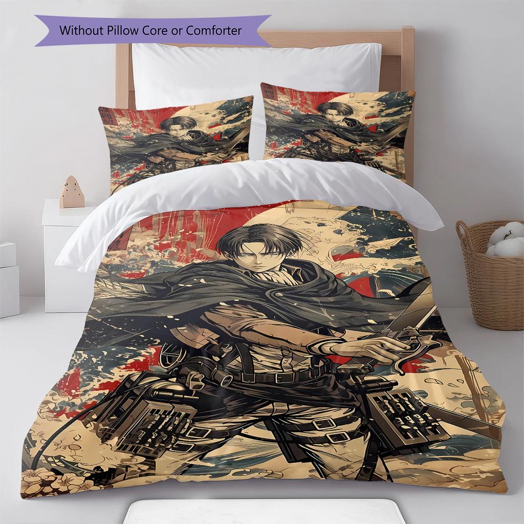 Attack on Titan Pattern Bedding,Quilt Set Quilt Cover Pillowcase Home Birthday Gift (1 * duvet cover + 2 * pillowcase, without core)