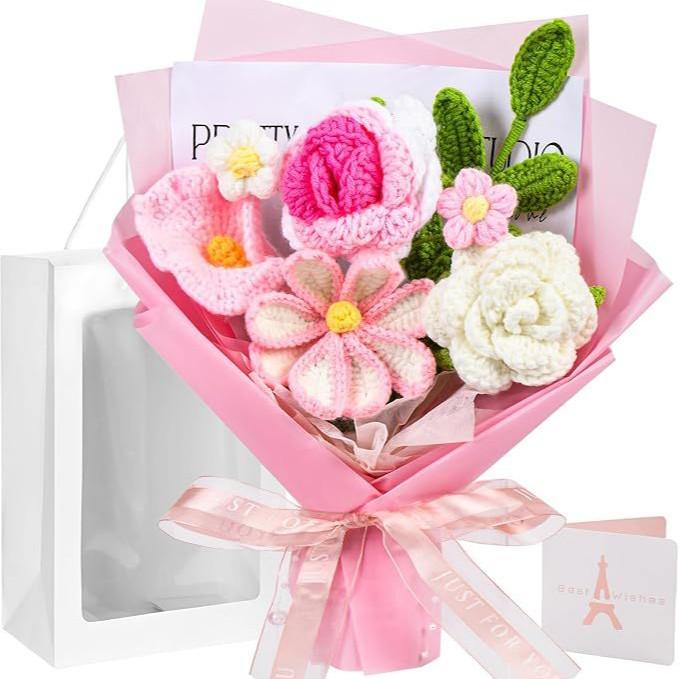 Handmade Knitted Yarn Bouquet: Crocheted Roses, Lilies, Tulips, and Gesang Flowers for Valentine's Day