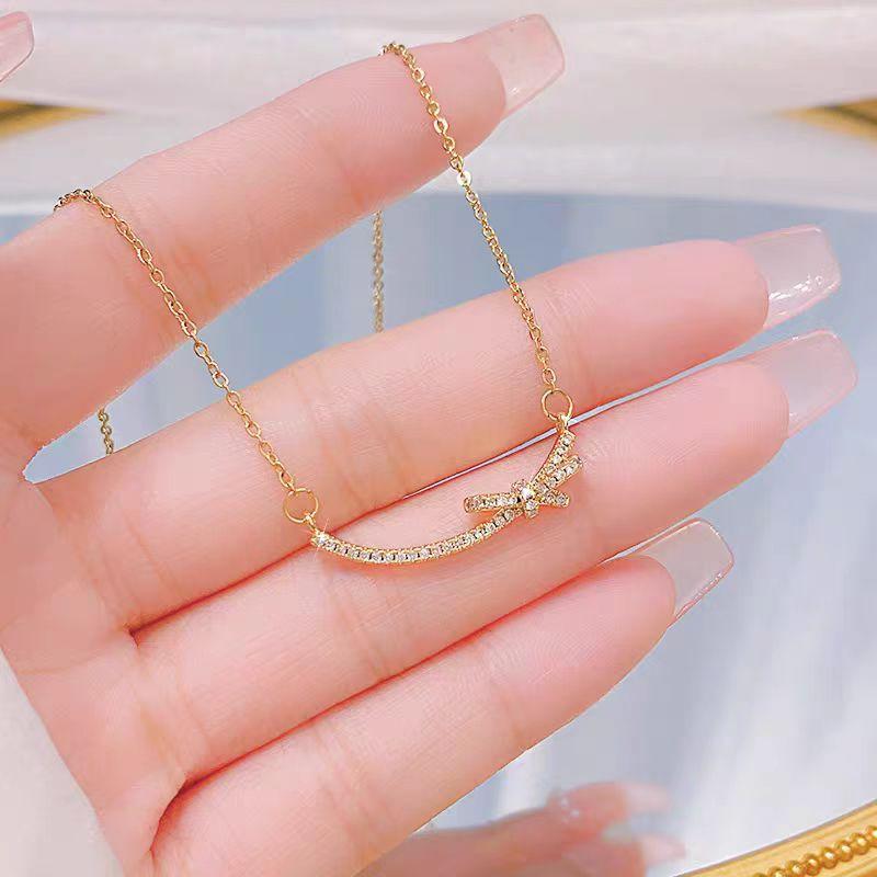 Design Bow Necklace Women'S High Sense Simple Versatile Zircon Pendant Exquisite Collarbone Chain