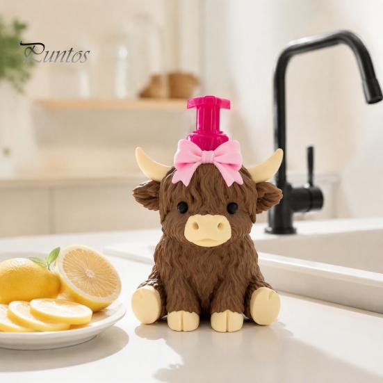 Durable Soap Dispenser Highland Cow Dispenser, Pink Bow Cattle Refillable Hand Empty Bottle, Plastic Pump Bottle for Bathroom, Housewarming
