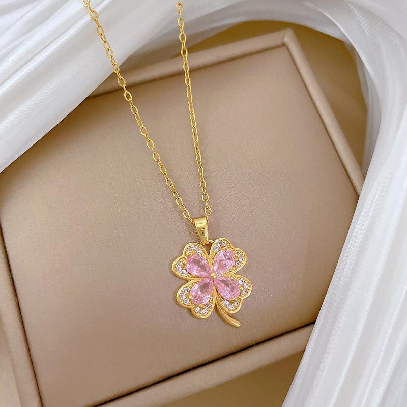 Lucky Pink Heart Zircon Clover Pendant Necklaces for Women Girls Sweet Stainless Steel Chain Necklace Jewelry Accessories Gifts
