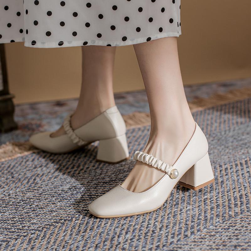 Balerini din piele naturală pentru pantofi de damă Huizhou strugure mamă toc gros același pantofi unici damă primăvară nou tocuri înalte damă