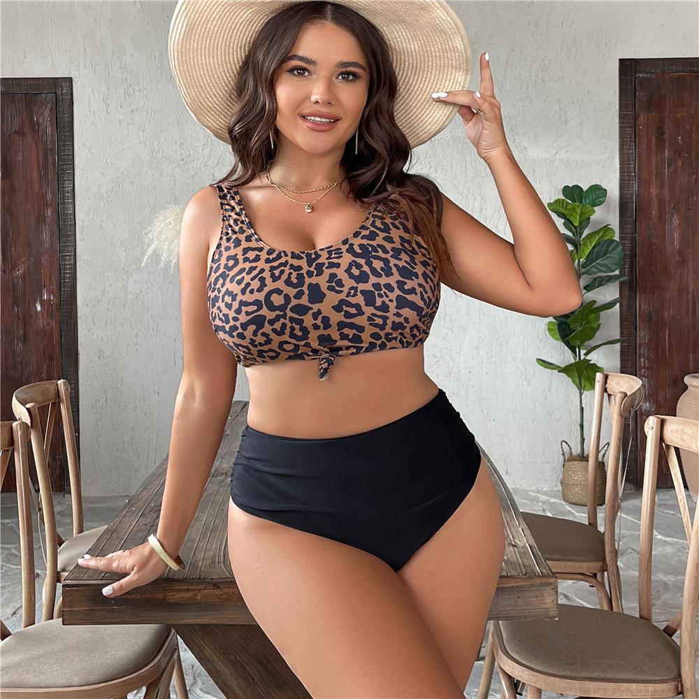 

Plus Size Black Leopard Print Bikini with Split Vest Style - T500 0XL