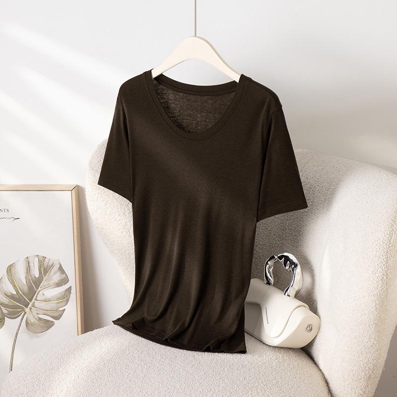 2026 Hangzhou Women's Mulberry Silk Lyocell U-Neck Tee - Lightweight, Breathable, Short-Sleeved Summer Fashion