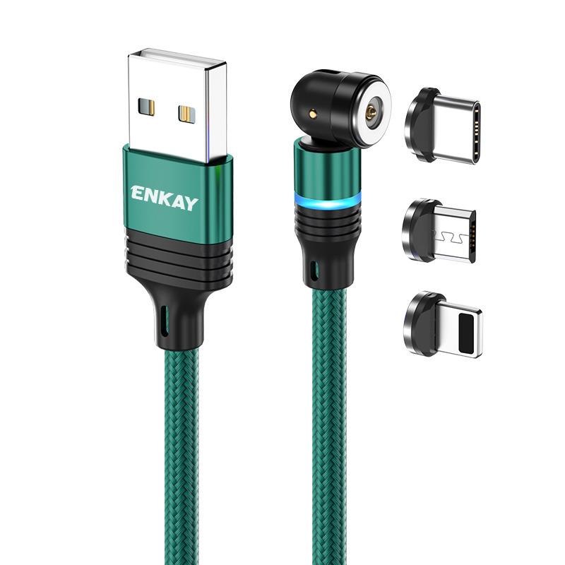 ENKAY HAT PRINCE 1m Magnetic Charger Cable 2.4A USB to iP/Type-C/Micro USB Nylon-Braided Cord with LED Light