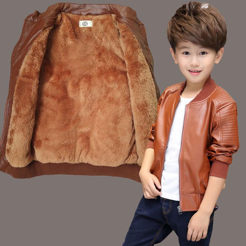 Plus Velvet Warm Autumn Winter PU Leather Jacket for Boys Coat Fashion Waterproof Children Outerwear 2-13 Year Teenage Kids Clothes