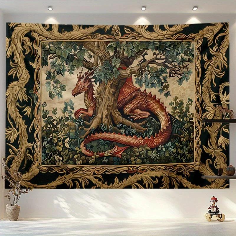 Medieval Dragon Tapestry Vintage Forest Wall Hanging Aesthetic Decor for Bedroom Living Room 100X70CM