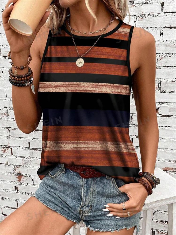 2026 New Striped Print Women's Elegant Tank Top Summer Street Fashion Tank Top Everyday Casual Women's Sleeveless T-shirt